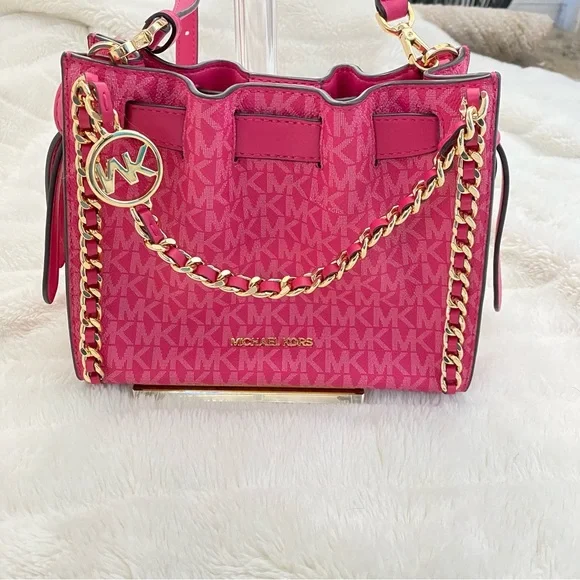 Michael Kors Mina Signature Logo Chain Pink Crossbody Shoulder Bag New - Picture 2 of 16